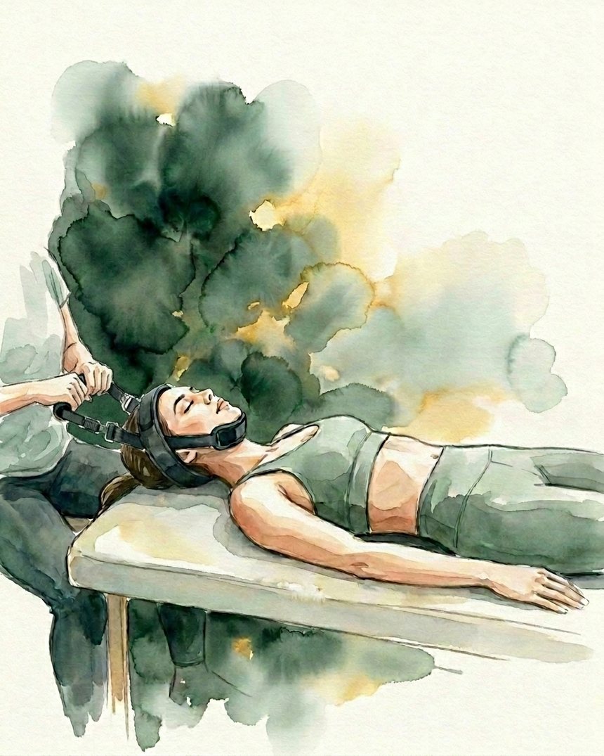 Dr. Moore applying gentle Y-Strap traction to a relaxed patient's neck on the treatment table